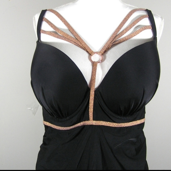 Rose Gold Strappy Swim Tankini Top with Built-In Plunge Bra | Cacique size 44DDD - Picture 5 of 6